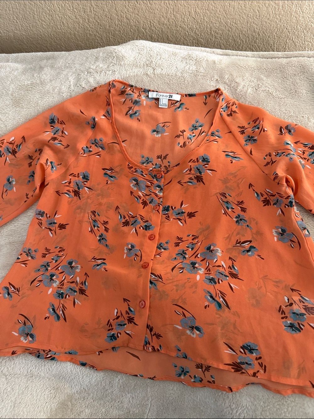 Forever 21 Orange Floral Button-Down Blouse with Blue Accents